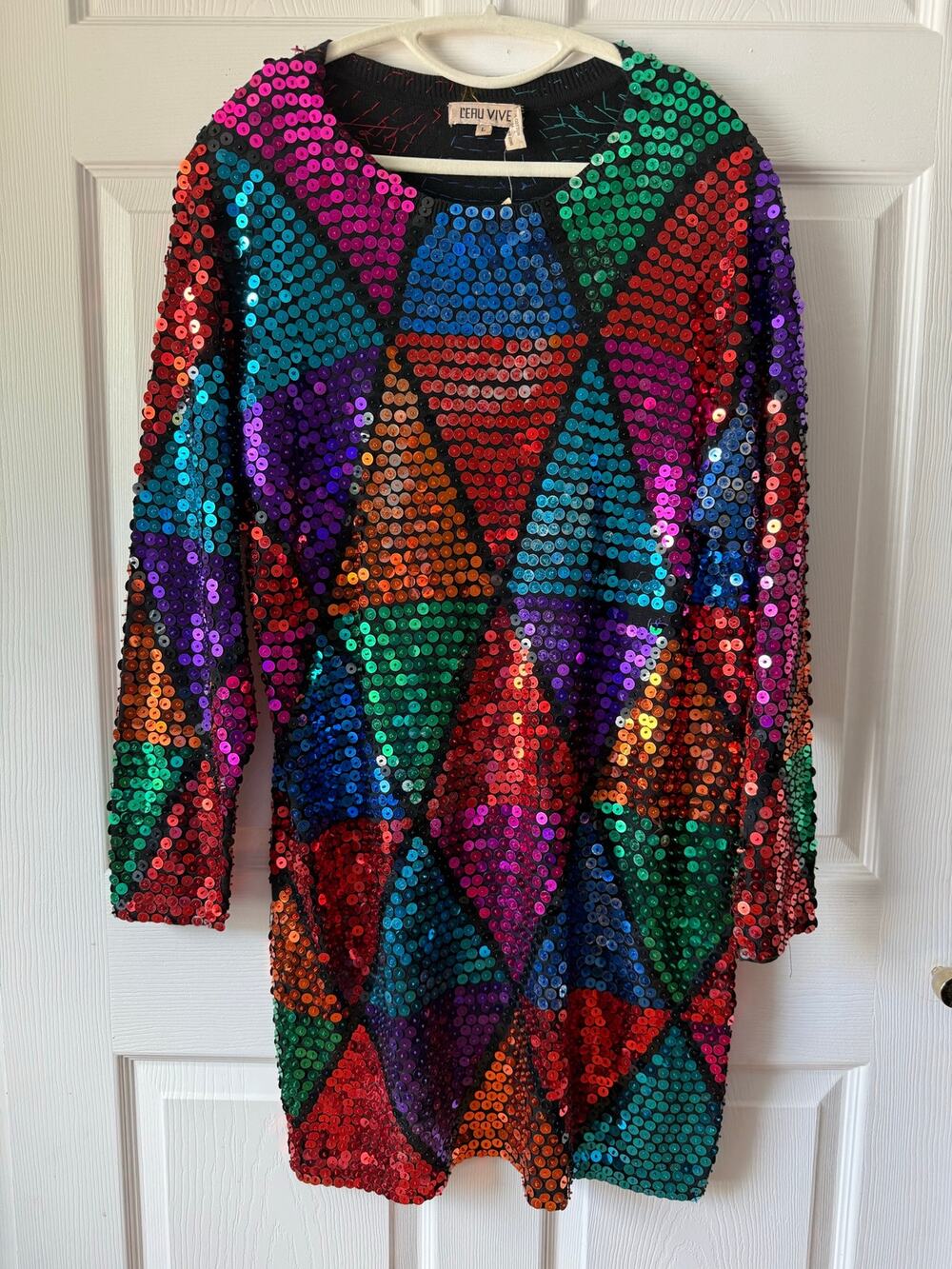 Vintage Leau Vive Rainbow Sequin Sweater Dress L NOS Deadstock 80s 90s Hong Kong
